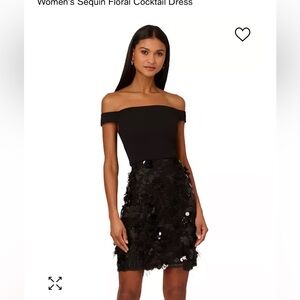 Adrianna Papell sequins mesh floral lace cocktail dress mini black off shoulder